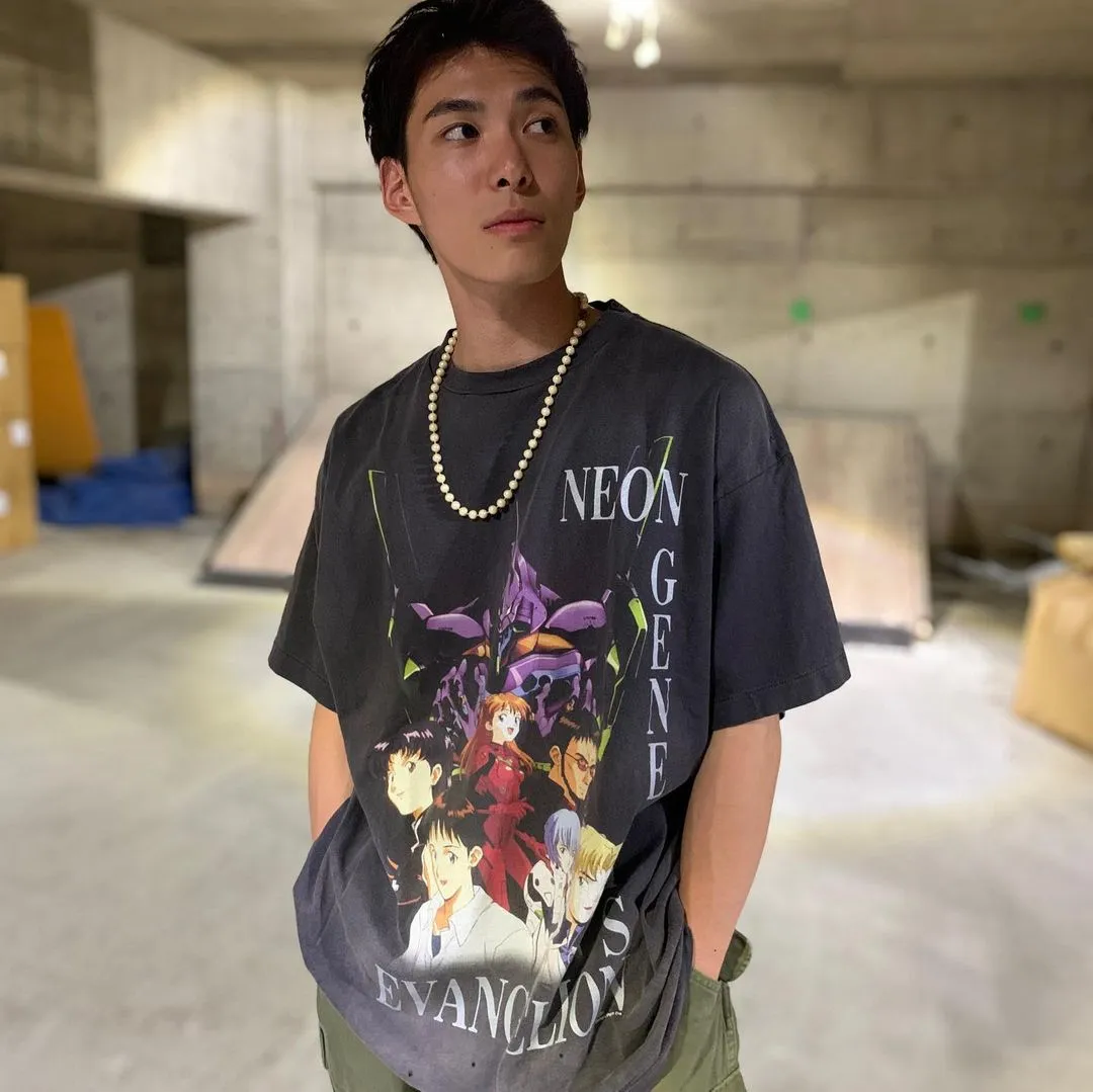 SAINT Mxxxxxx × EVANGELION NEON GNSIS TEE/BLK co-branded Neon Genesis Evangelion distressed short-sleeves, washed black S-XL, vintage NEW VINTAGE, top printing technology, garment dyeing, re-washed, distressed, correct co-branded main mark/washing mark